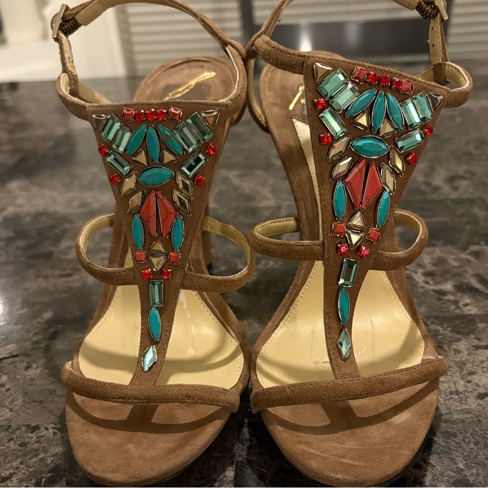 $495 B BRIAN ATWOOD DONOSA Natural Suede Jeweled Designer Sandals Heels 7